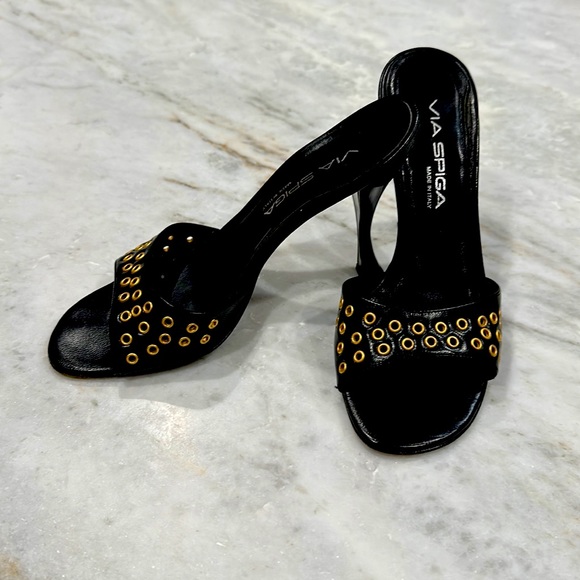 Via Spiga Shoes - Via Spiga Black Heeled Slide Sandals with Gold Eyelets